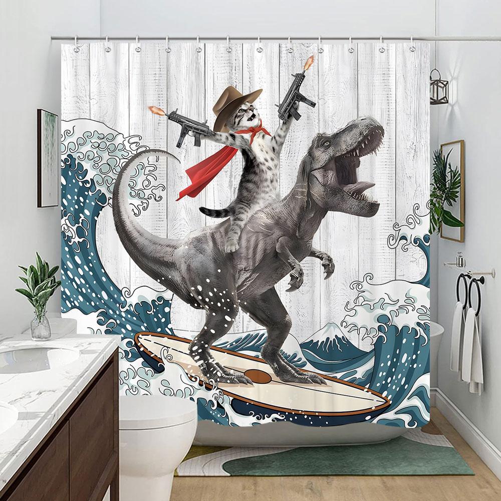 Funny Cat In Bathtub Bathing Cartoon Kids Shower Curtain Tyrannosaurus Rex Wave Polyester Fabric Shower Curtains Bathroom Decor
