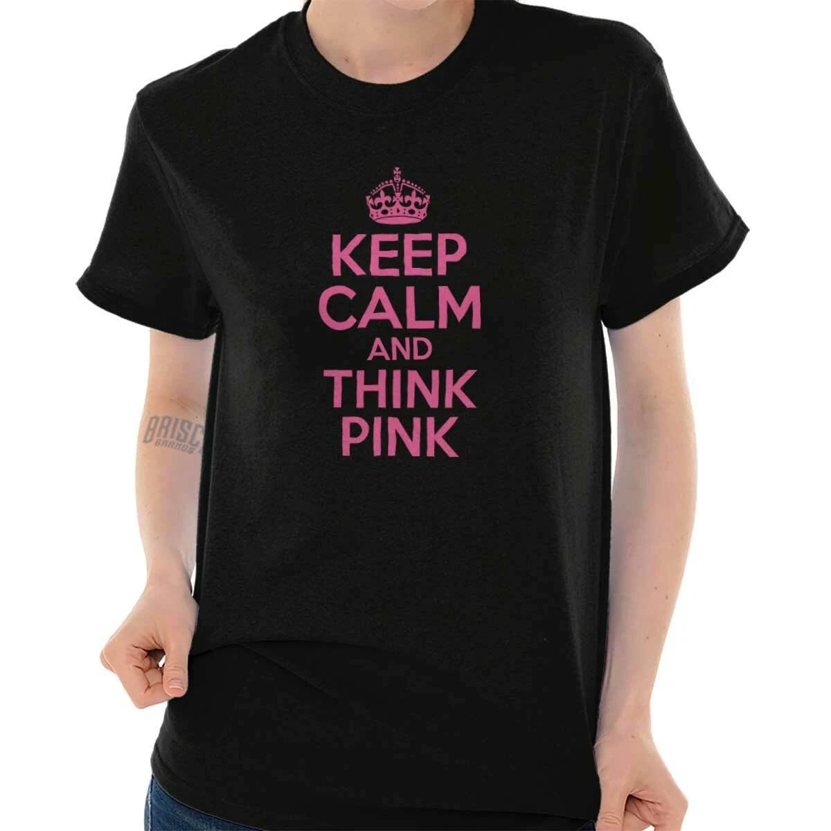Keep Calm Think Pink Breast Cancer Awareness Womens Graphic Crewneck T Shirt Tee XL