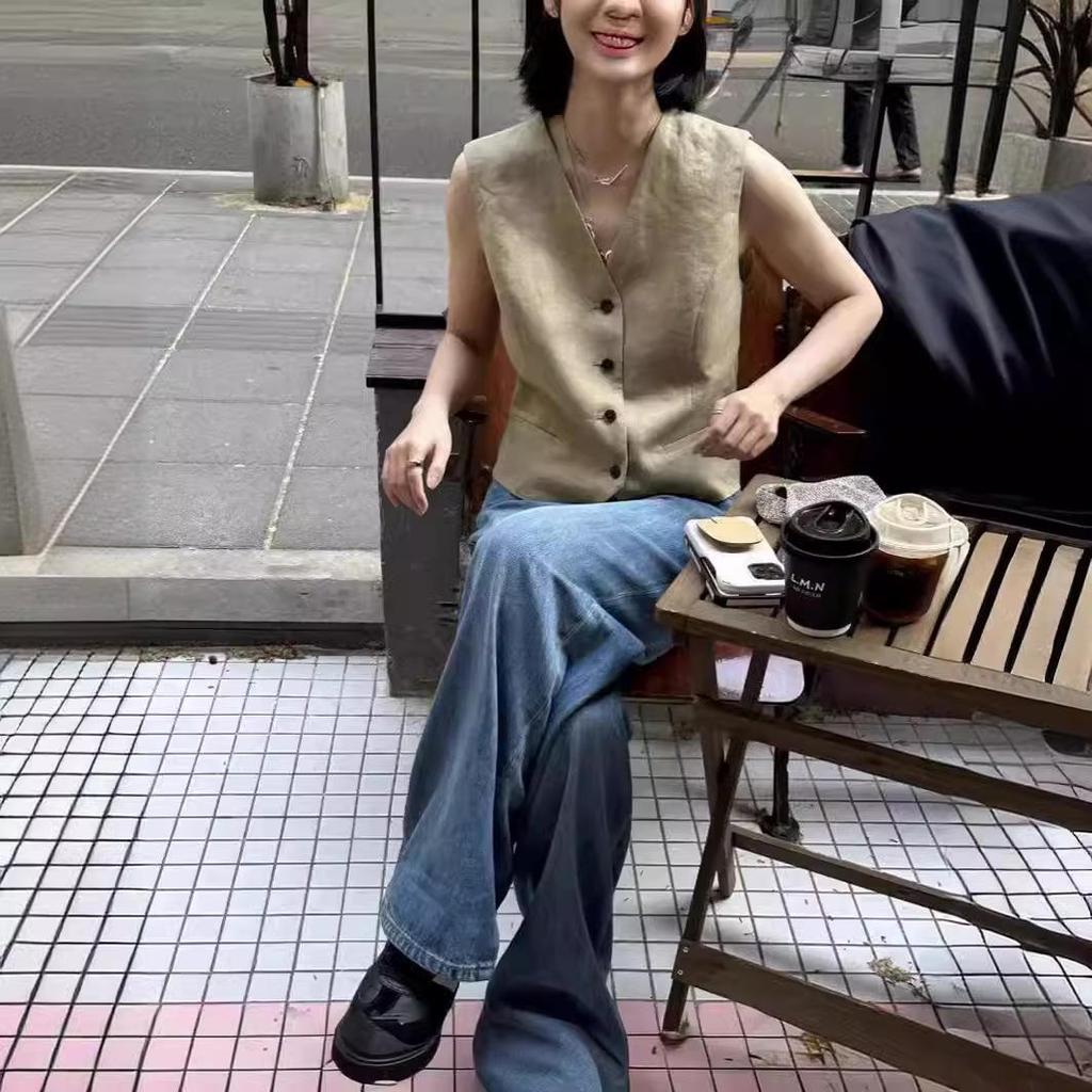 2024 Korean V-Neck Linen Slim Vest: Summer Sleeveless Single-Breasted Top