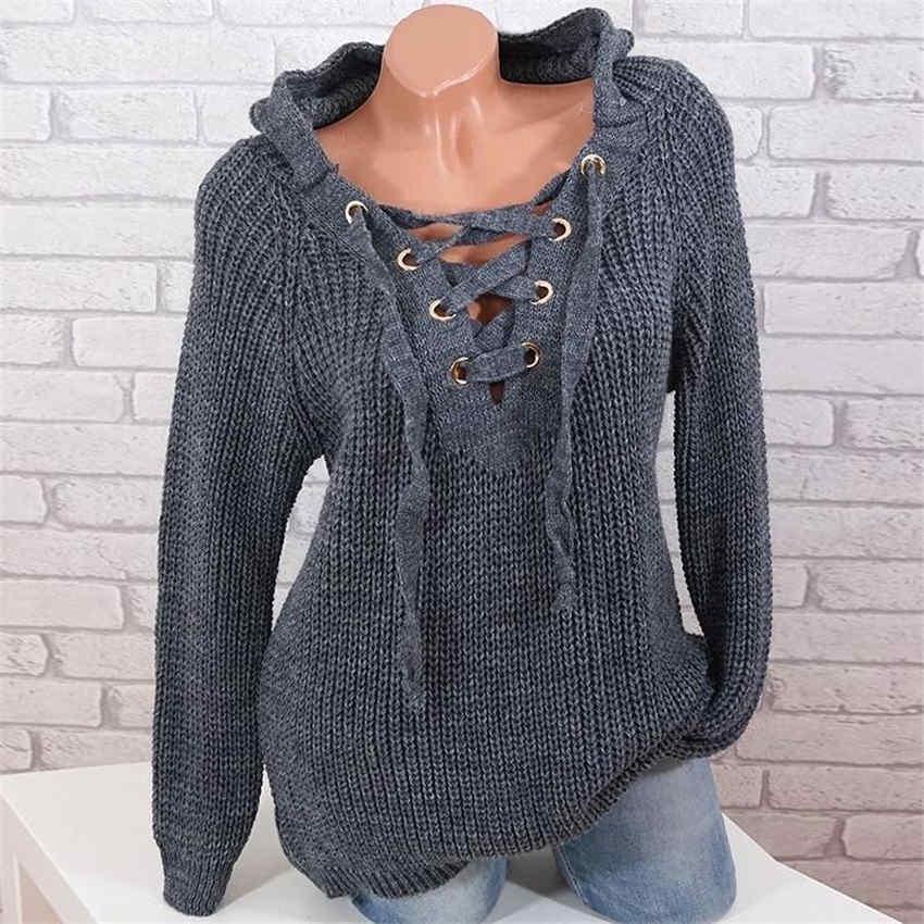 Women's Long Sleeve Hooded Pullover Fashion Autumn/Winter V-neck Sweaters Knitted Tops