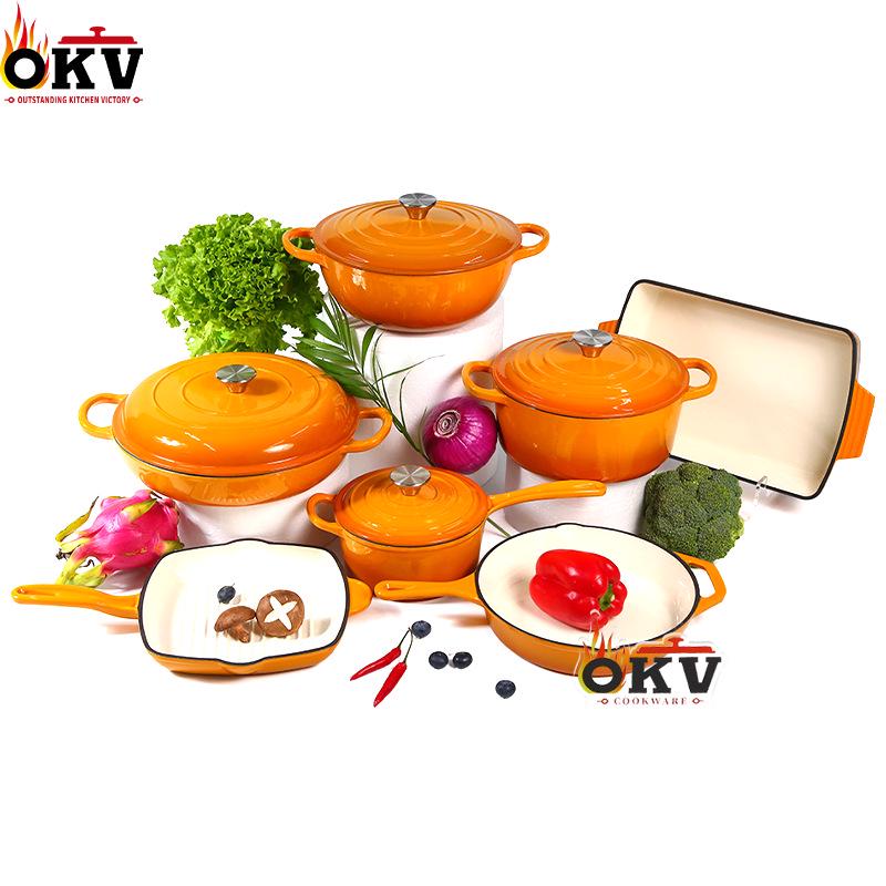 Emaljerat gjutjärn 7-delars set: Soppgryta, Mamma-gryta, Stekpanna, Non-stick-panna