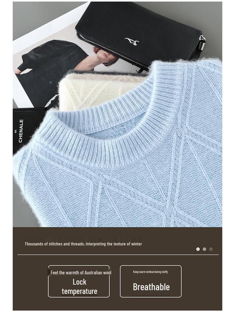 Men's Three-Ply Wool Jacquard Sweater - Warm, Versatile Round Neck for Autumn/Winter Business Casual Wear
