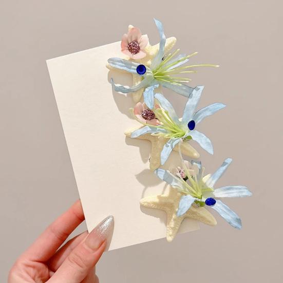 Hair Clip Blue Flowers Starfish Decoration Hair Pin Beach-themed Hair Barrette Tropical Hair Accessory Daily Wear