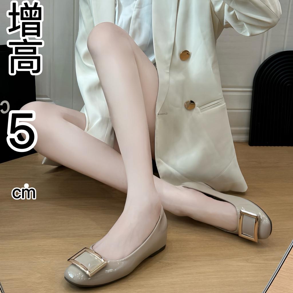 Elephant Gray Patent Leather~ Classic Square Buckle Temperament, Shallow Mouth Inner Height Increase Commuting Versatile Single Shoes Women