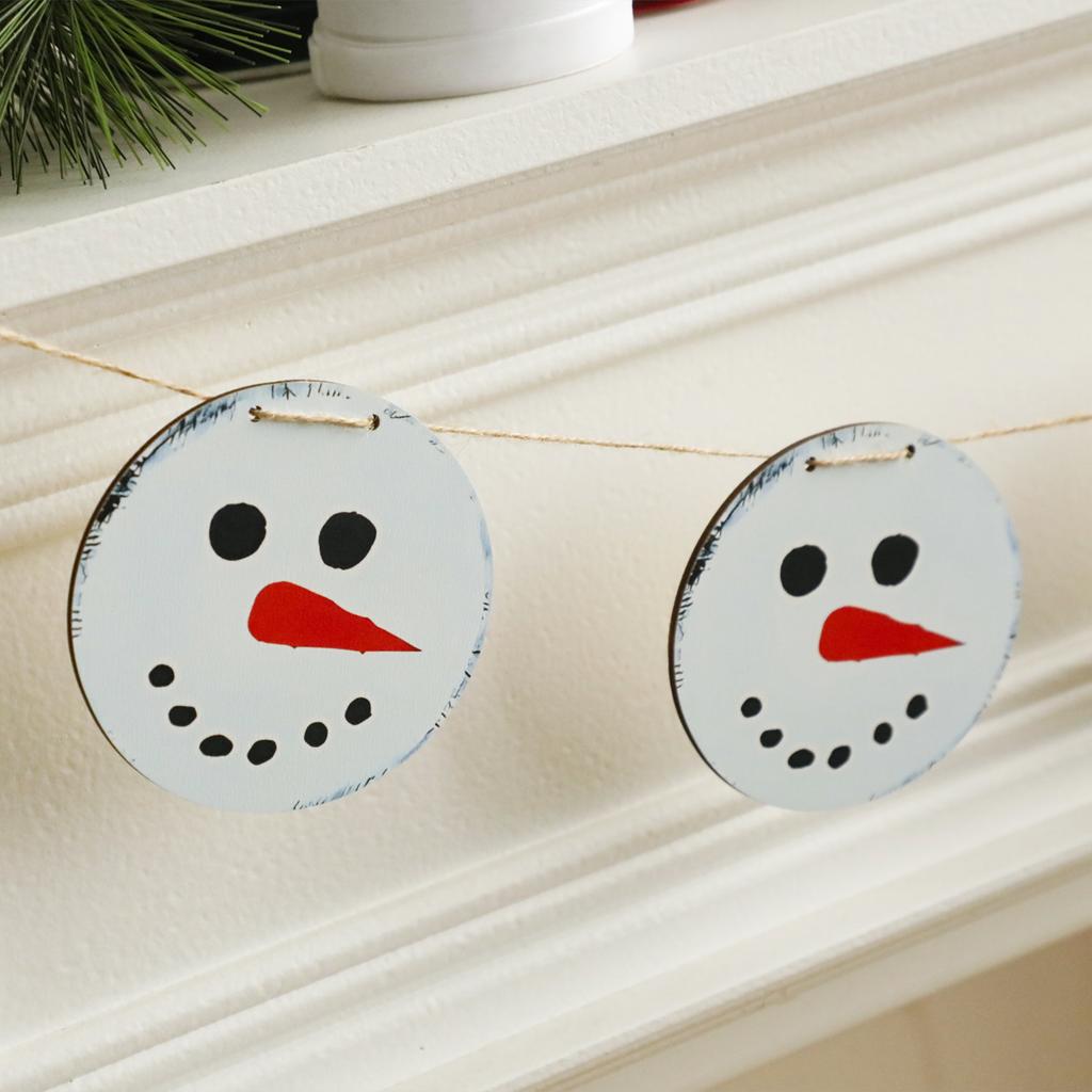 Christmas Snowman Garland Banner Wooden Round Snowman Face Hanging Decor Festive Bunting for Home Fireplace, Mantel & Xmas Party