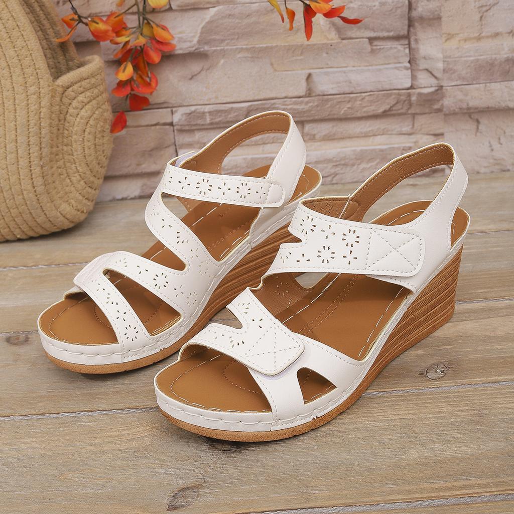 Round head large size Velcro sandals women's popular new bohemian slope heel one-word women's shoes