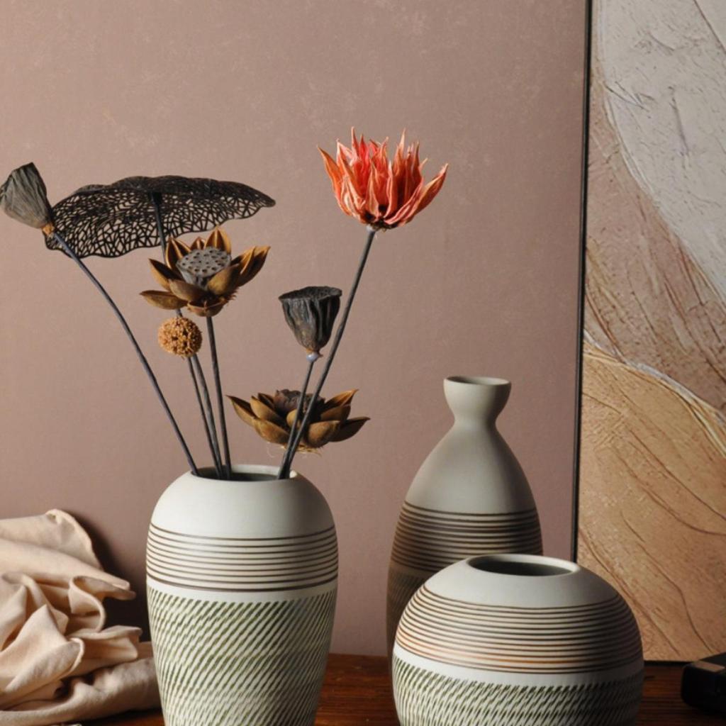 Hand-Carved Chinese Zen Ceramic Vase for Dried Flowers - Home Decor