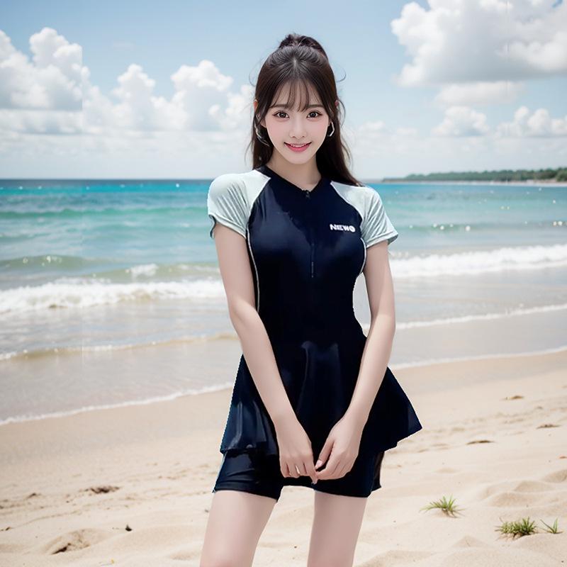 Korean Style Color Block Slimming One-Piece Skirt Swimsuit for Women - Sporty, Conservative, Beach Vacation Cover-up