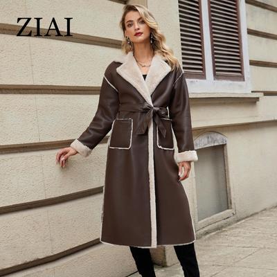 2024 Winter Faux Leather Jacket Women Long Warm Plush Fur Collar Padded Coat Fashion Pocket Cotton Female PU Parkas K18
