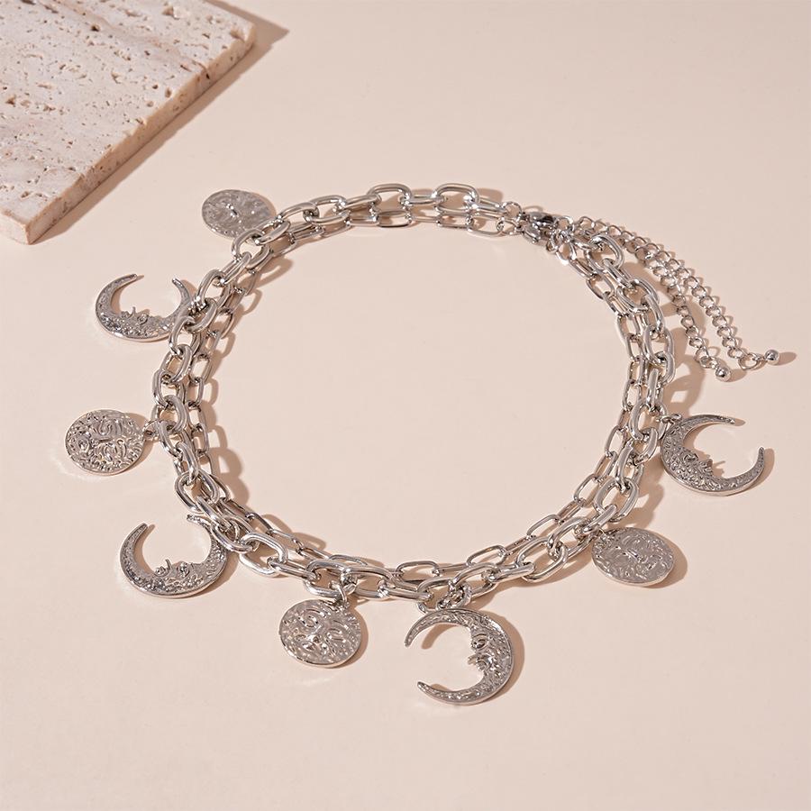 European & American Metallic Moon Sun Double Layer Necklace - High-End Retro Statement Piece for Women