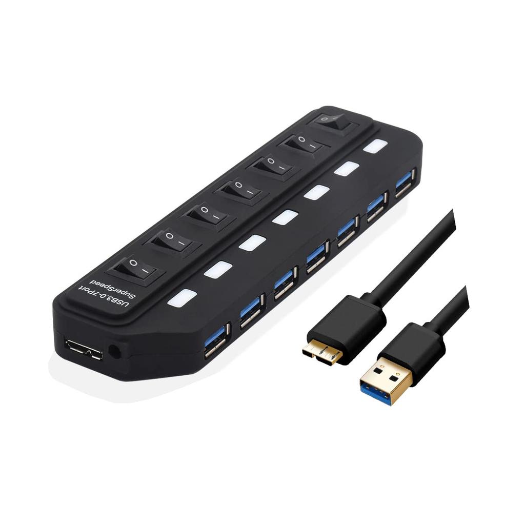 YEY USB 7 Port Individual LED Light Switch Extender High Speed USB Strip with External 5V2A Power USB Extension Hub with Switch for Desktops and Mac 7