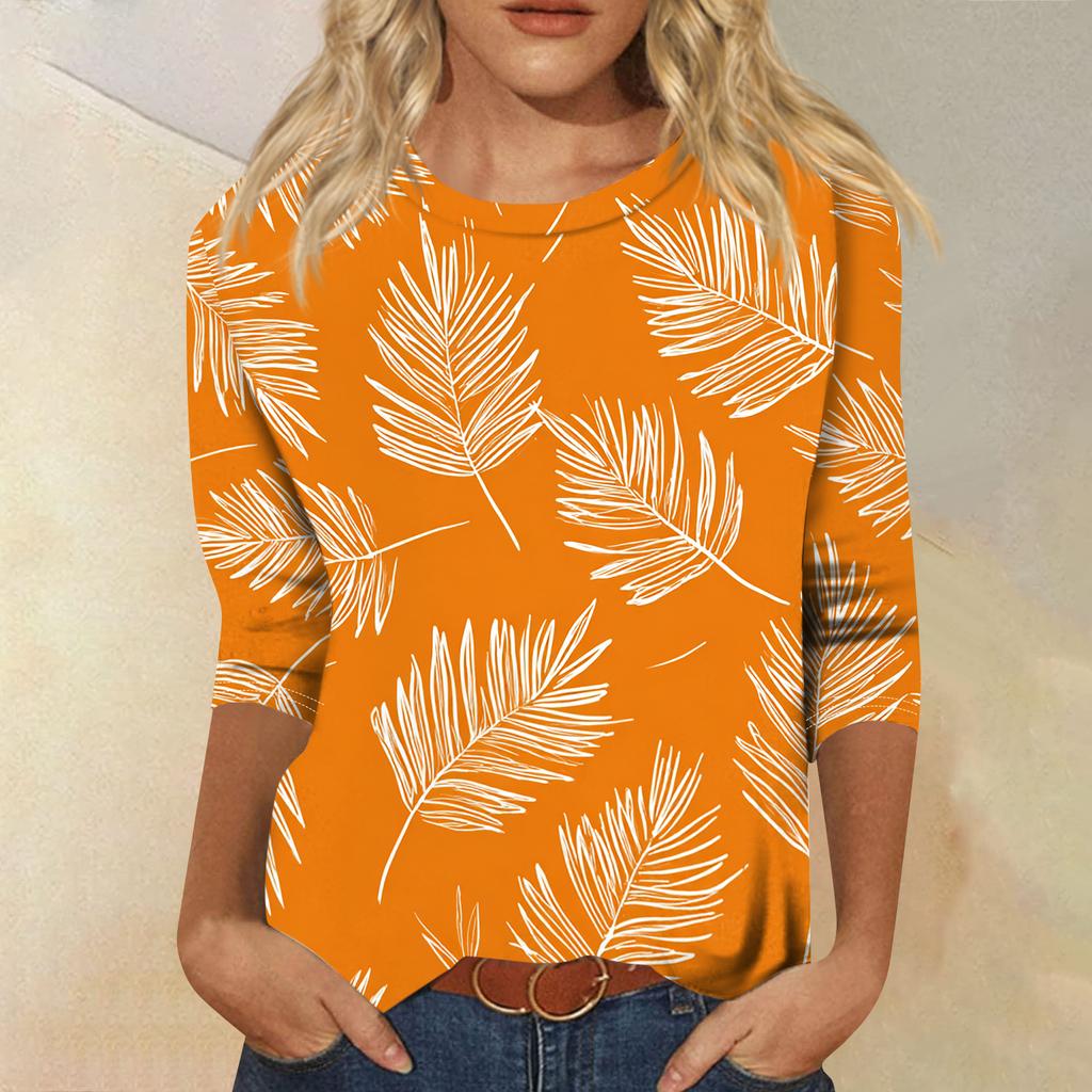 Women's Fashionable Casual Round Neck Three-quarter Sleeve Hawaiian Print T-shirt Top