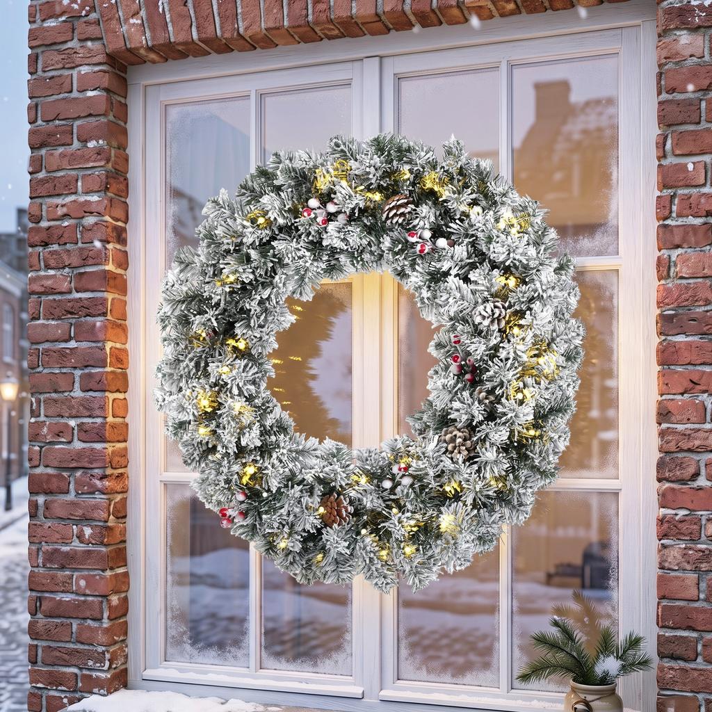 Christmas Wreath Door Snowy Effect with 50 LED Lights Pinecones Berries and Festive Bow for Fireplace Wall Window