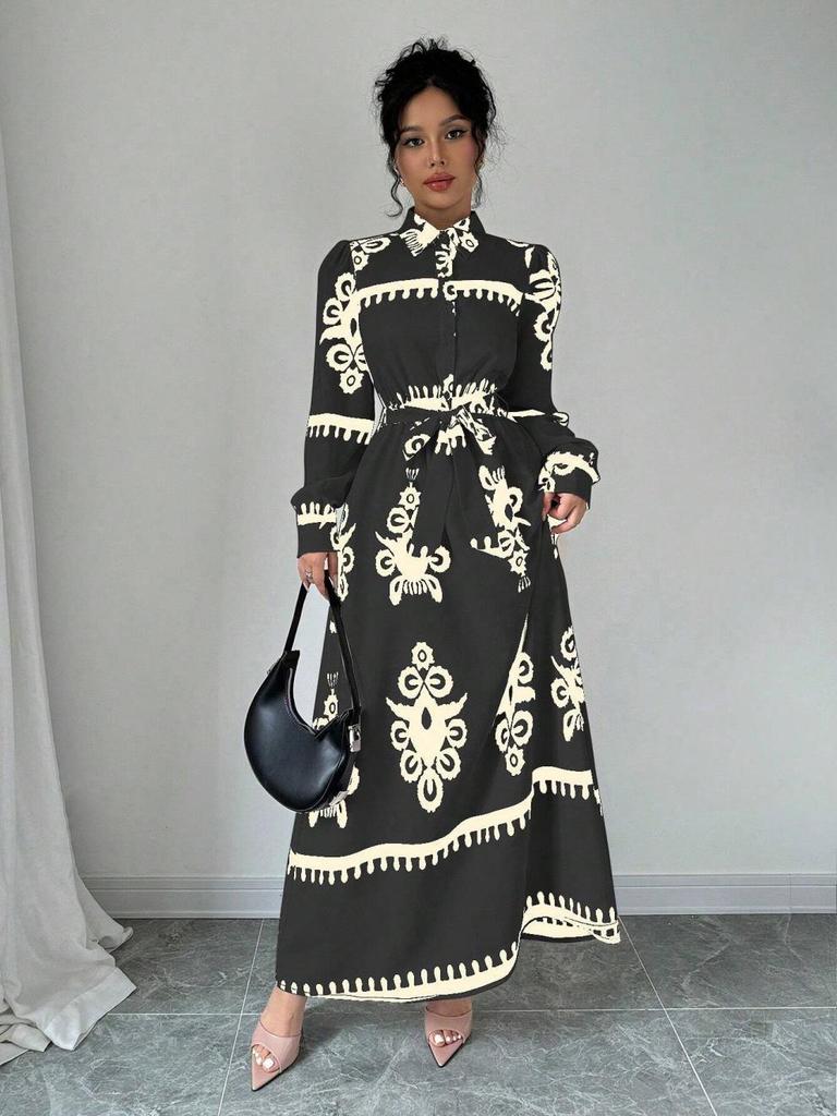 Live Shot 2025 European and American Fashion Long Sleeve Waist-Gathering Print Shirt Dress