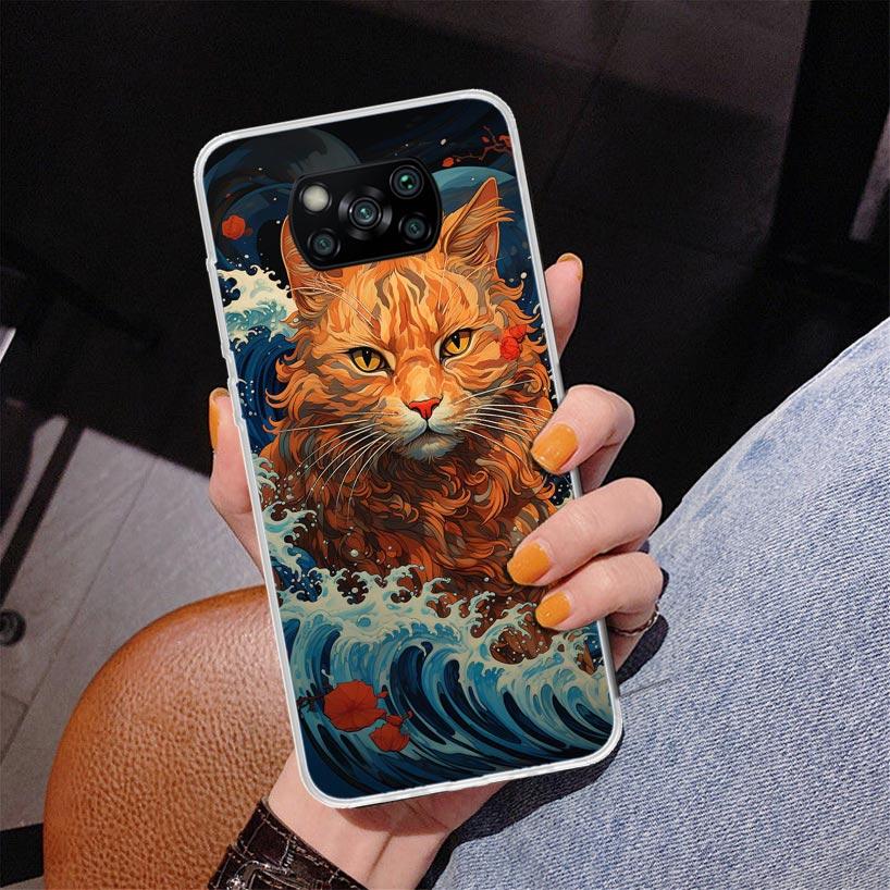 Anime Cat Sea Wave Aesthetic Phnoe Case for Xiaomi Poco X5 X6 X7 Pro X4 Gt F7 Ultra M8 M7 Redmi 15C 15 13C 13 12C 12 Unique Cove