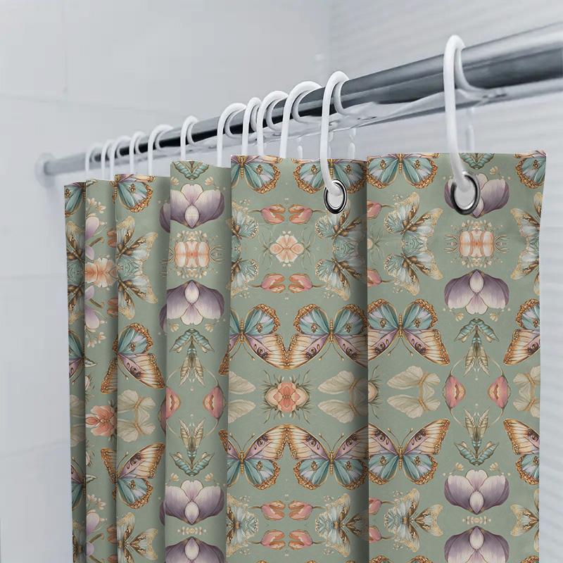 Fashion Bath Mat, Printed Shower Curtain With Butterfly Flower Design, Waterproof Bathroom Decor, Green Background Wall Hanging