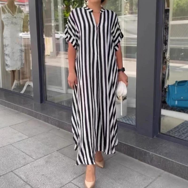 Fashion Side Slit Striped Loose Casual Short-sleeved Dress