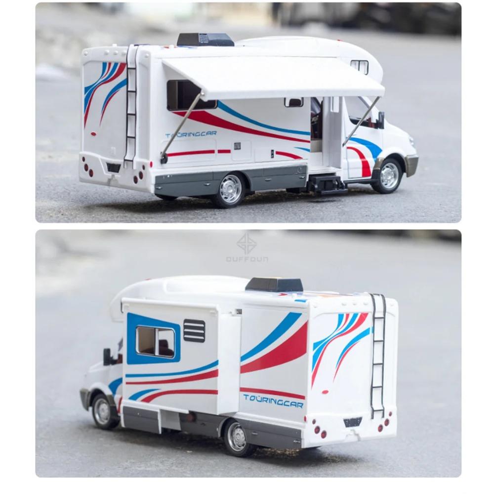 1/32 Alloy Diecast Touring Car Model Toys 3 Doors Opened Sound Light Campervan RV Trailer Vehicles Childrens Toy Gift Collection