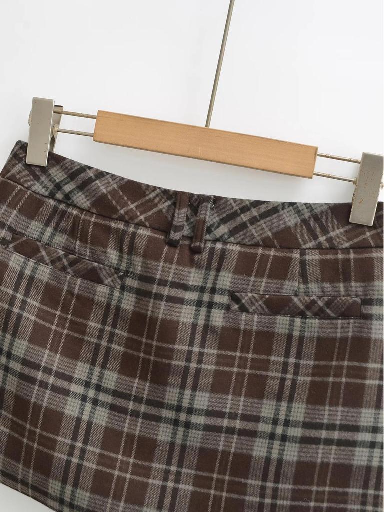 Minifalda Retro a Cuadros de Cintura Baja en Línea A para Chica Picante: Diseño de cadera ajustada Antiexposición Primavera 2026 para Mujer