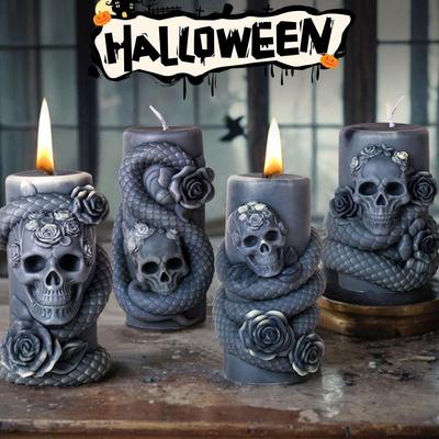 Skull Flower Snake Column Candle Silicone Mold Geometric Cylindrical Aromatherapy Candle Gypsum Mould Halloween Handicraft Decor