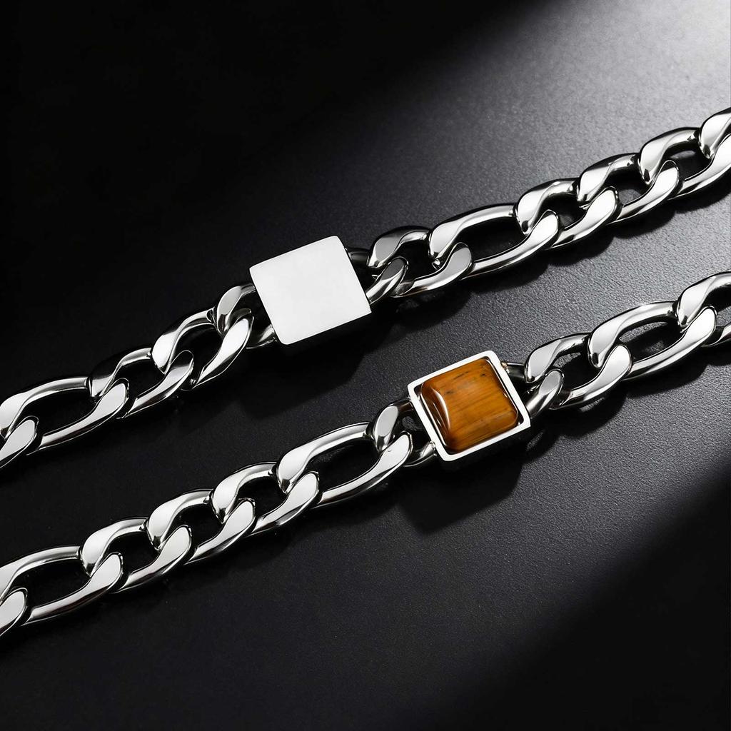 Square Tiger Eye Natural Stone Bracelet for Men, Adjustable Stainless Steel NK Chain Charm Bracelet, Fashion Jewelry Gift