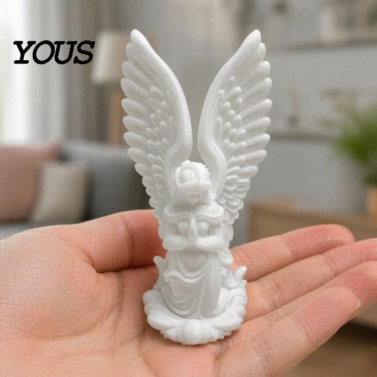 Delicate Wing Angel Decoration 3D Printed Kneeling Statue, Praying Cupid Figurine with Wings, Compact Bookshelf Matte White Desktop Ornament for