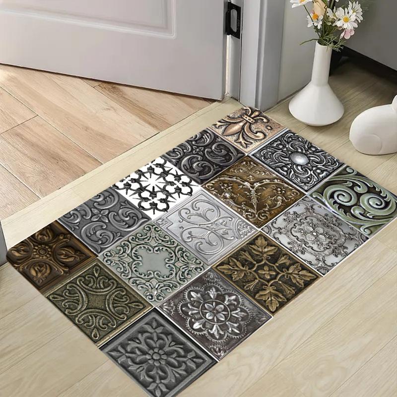 Vintage Stone Tile Medallion Doormat Embossed Metal Floral Print Soft Non Slip Carpet for Entryway Indoor Outdoor 40cm x 60cm