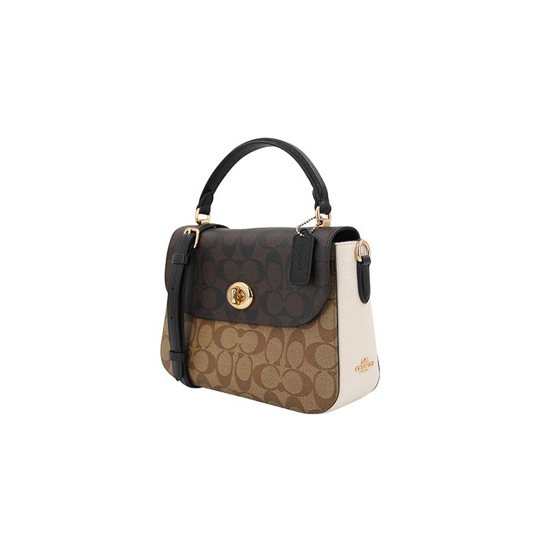COACH handbag Marlie 24 Color-blocked Knob Flap Presbyopia Canvas with Leather Small Square Bag Cambridge Bag Hand Crossbody Bag Medium Women's Black