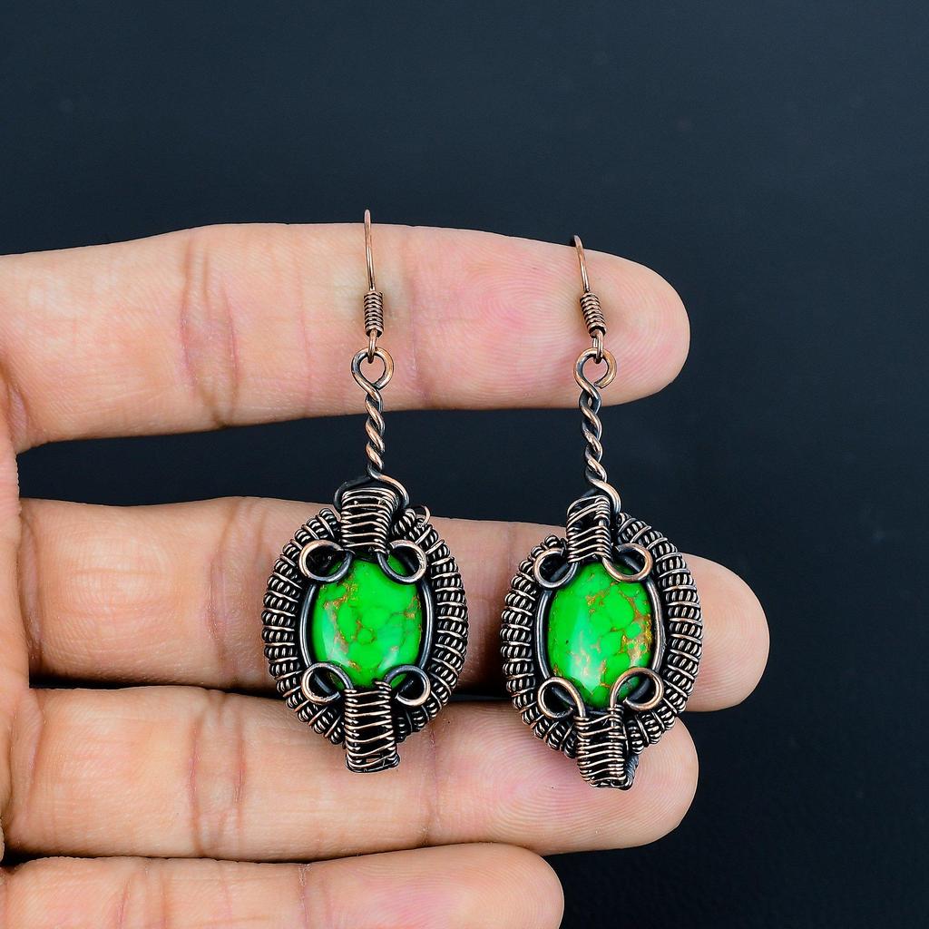 Green Copper Turquoise Earrings, 999 Copper Wire Wrapped Gemstone Jewelry, Handmade Earrings Amazing Jewelry, Gift For Her
