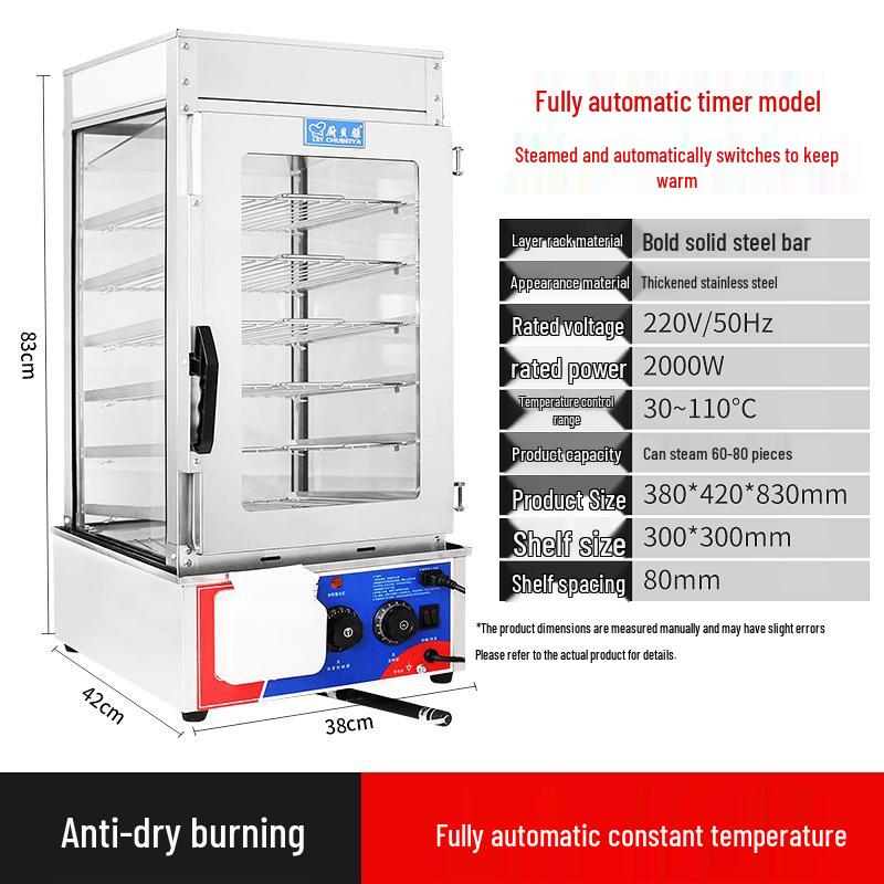 Commercial Automatic Baozi & Mantou Steamer with Insulated Glass Cabinet