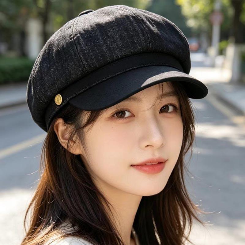 Retro denim splicing octagonal newsboy hat female autumn and winter British beret showing face small casual painter cap tide