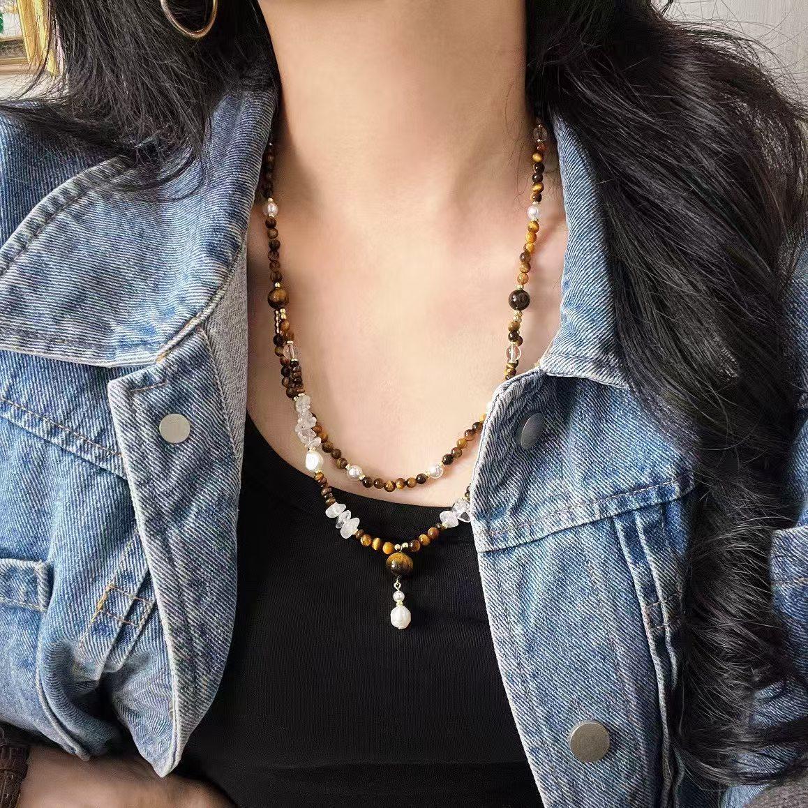 High-End Retro Maillard Natural Tiger S Eye Stone White Crystal Artificial Crystal Pearl Design Sweater Chain Item