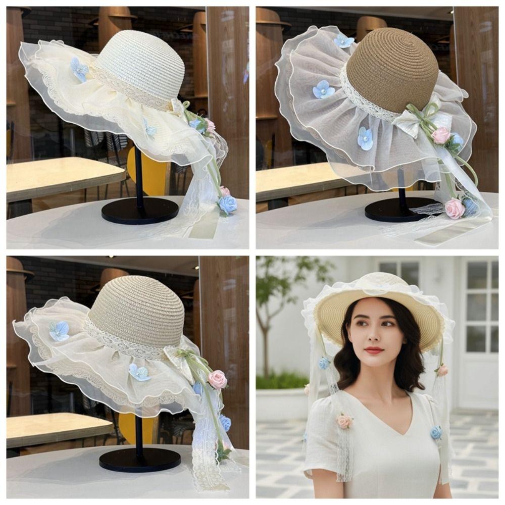 Elegant Rose Ruffle Edge Straw Hat Lace Ribbon UV Protection Woven Sun Cap Lightweight Design Breathable Mesh Beach Visor