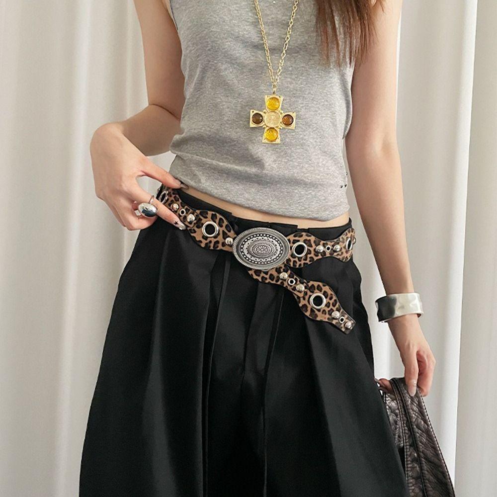 Leopard Leather Waistband Gothic Dress Jeans Belt Fashionable Women's Rivet Belt  Spicy Girls