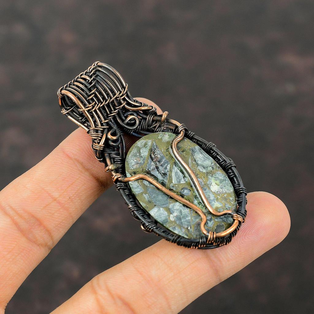 Copper Seraphinite Pendant Copper Wire Wrapped Pendant Handmade Pendant Copper Jewelry Stylish Pendant For Gift Seraphinite Gemstone Jewelry
