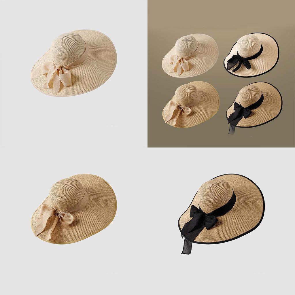 Women's Wide Brim Straw Hat With Bow Beach Sun Hat Uv Protection Korean Style