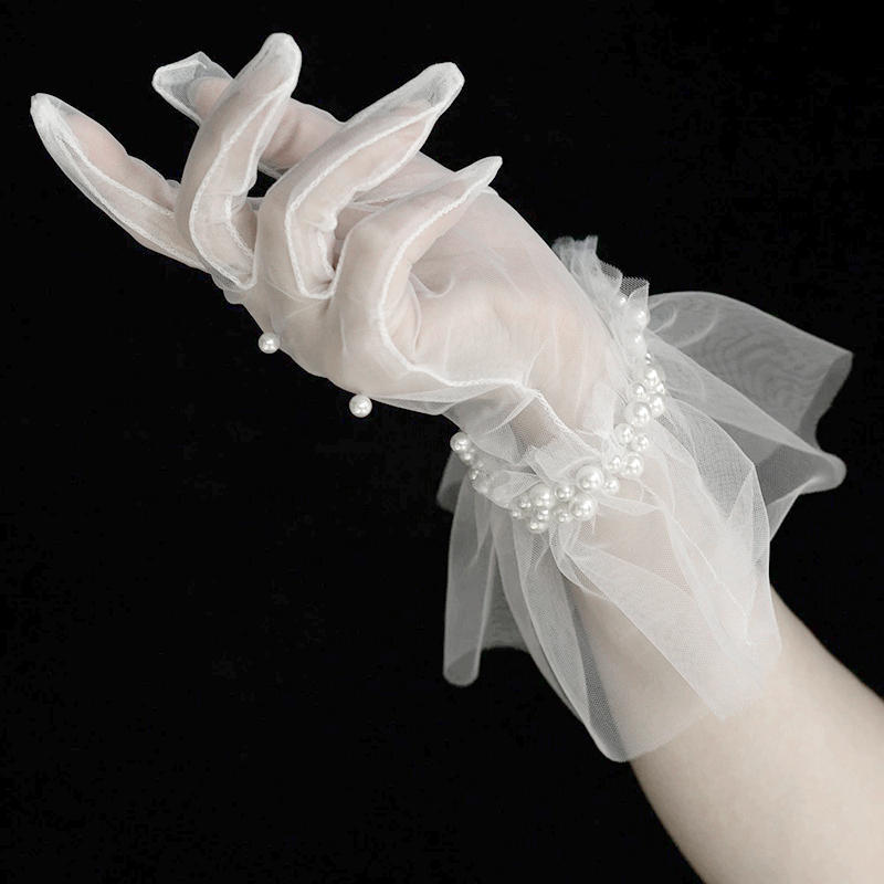 Women Elegant Pleated Edge Pearl Wedding Gloves Bridal Short Tulle Sheer Gloves Proms Costume Occasion Gloves