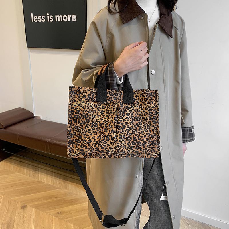 Women's High-End Leopard Print Canvas Tote Bag - Autumn/Winter Fashion, Large Capacity, Casual Crossbody & Shoulder Bag