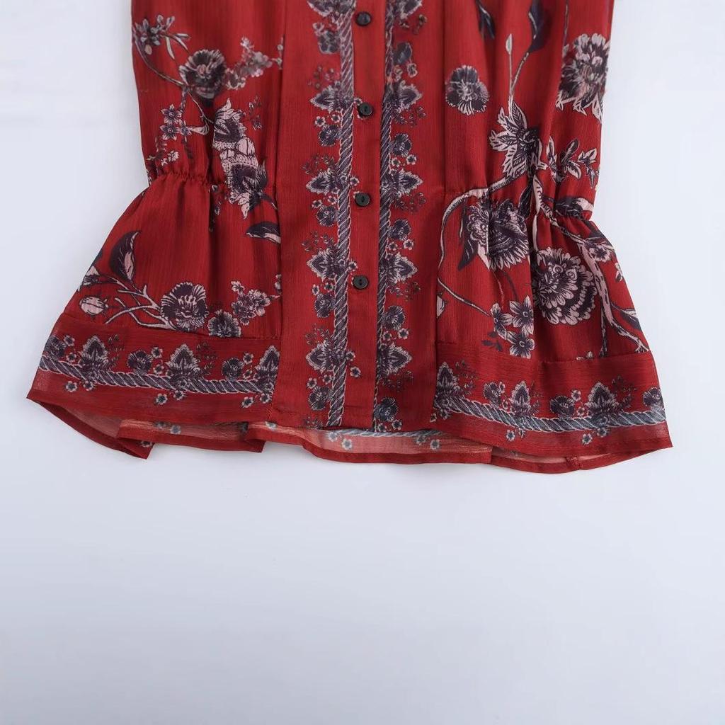 2025 Spring Women's Printed Round Neck, Fitted Waist Top - European & American Fashion Style