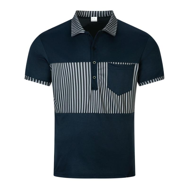 Fashionable Men's Casual Polo Shirt with Pocket Button, Long Placket, Collar, Striped Colour-Blocked Patchwork T-Shirt