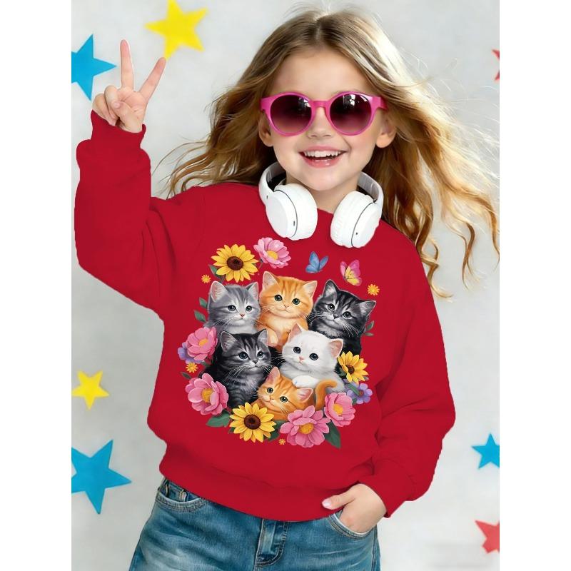 Kids Crewneck Sweatshirt, Cute Cartoon Kitten Print Casual Long Sleeve Top for Spring Autumn