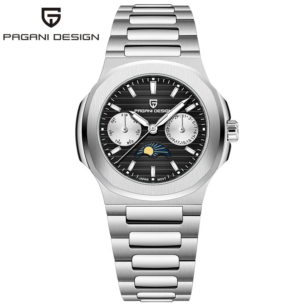 PAGANI DESIGN Luxury Multifunctional Watch Moon Phase Quartz Waterproof Men Watch Automatic Calendar Week All Steel Man Watch