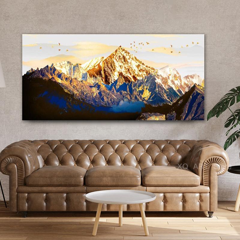 Abstrakte Golden Mountain Vogel Landschaft Leinwand Gemälde Druck Poster Ölgemälde Für Wohnzimmer Moderne Wohnkultur Rahmenlose