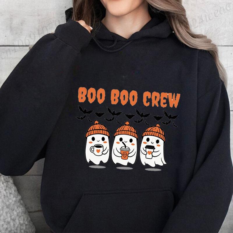 Boo Boo Crew Ghost Prints Halloween Hoodies Women Winter Fleece Warm Hoodies Crewneck Loose Pullovers Casual Soft Sweatshirts