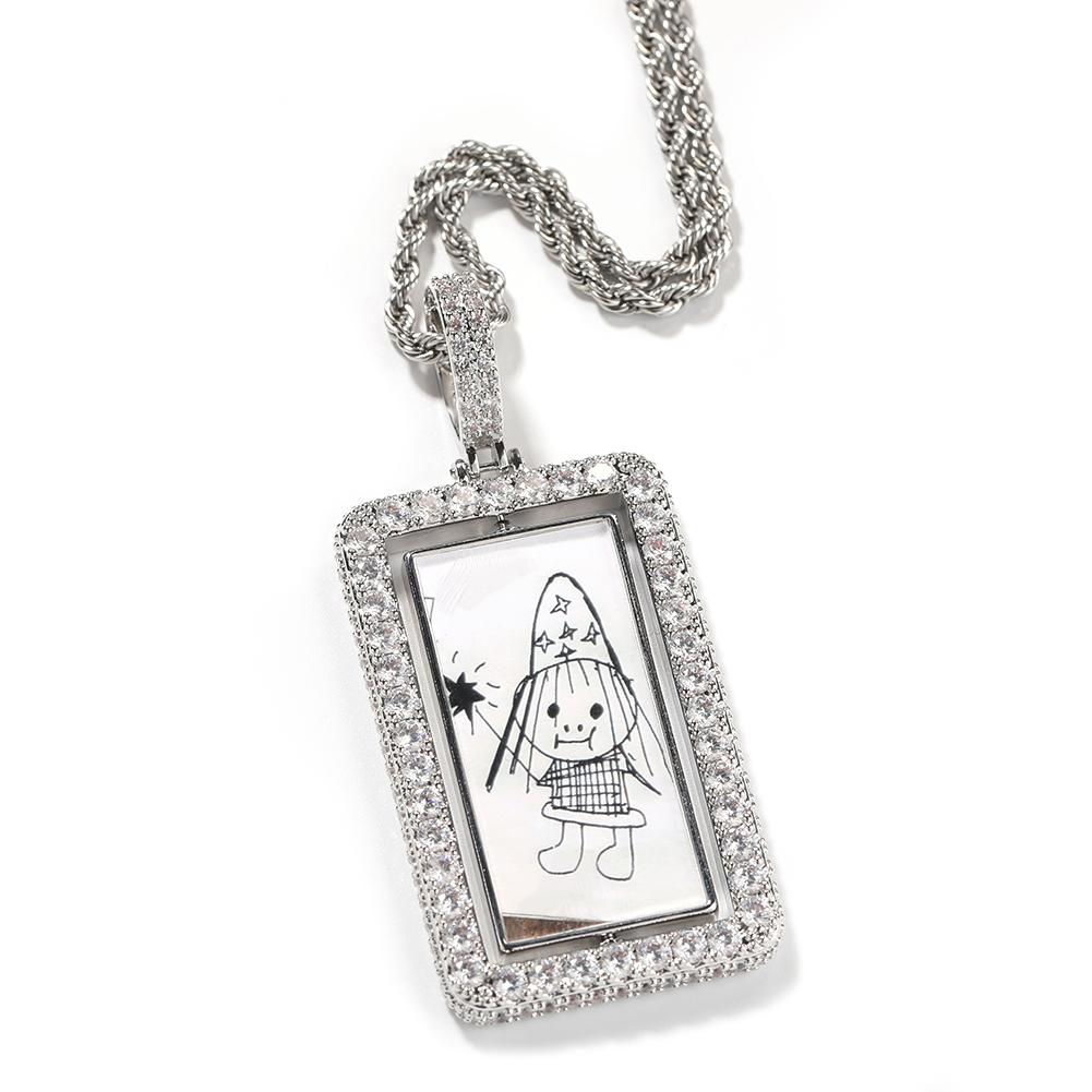 THE BLING KING Custom Spinning Double Sides Photo Rectangle Shape Pendant Necklace Photoes Memory Jewelry For Couple Family Gift 16inch&Silver
