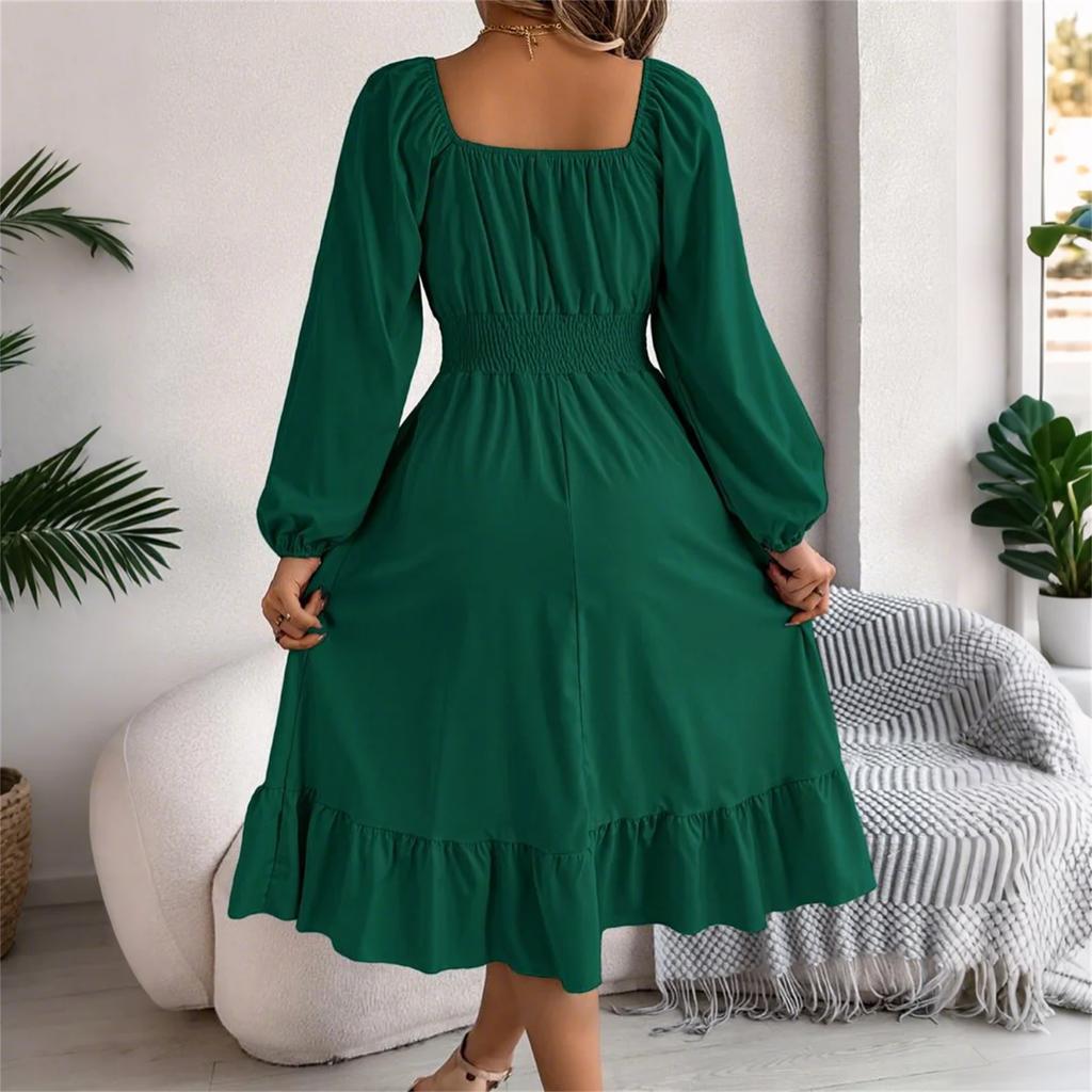 Women's Fashion Retro Solid Color Long Sleeve Waist A-Line Skirt Square Neck Pullover Dress