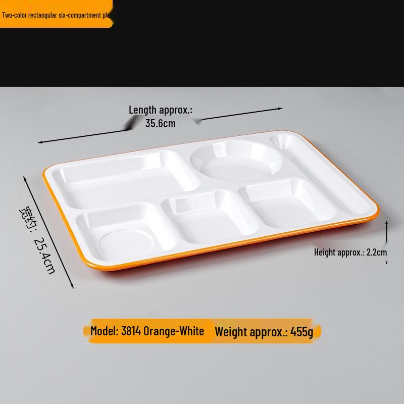 Two-Color Melamine Six-Grid Fast Food Serving Plate - School Cafeteria Rectangular Divider Plate