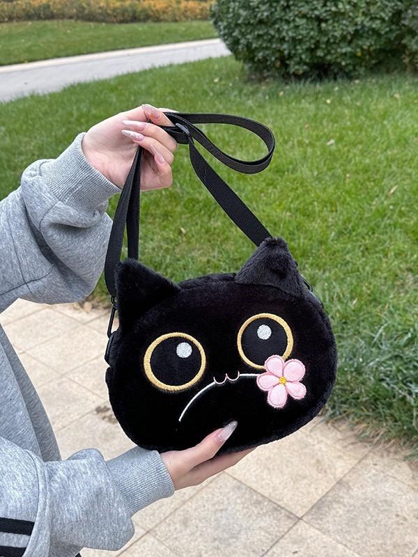 Cute Plush Cat Embroidered Small Shoulder Bag For Daily Use