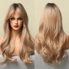 Long Wave Synthetic Wigs Ombre Black Blonde Wig with Side Bangs Heat Resistant Fiber Daily Party Hair Cosplay Wigs for Women