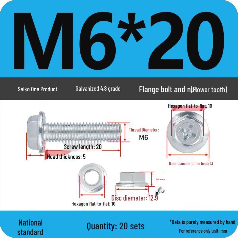 4.8 Grade Galvanized Hex Bolt Set with Anti-slip Washer & Nut, Cross Flange Head, M4/M5/M6/M8mm